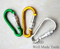Three aluminium alloy screw lock carabiner hooks in assorted colours.