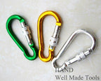 Three aluminium alloy screw lock carabiner hooks in assorted colours.