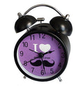 I Love Mustache twin bell alarm clock in black and purple.