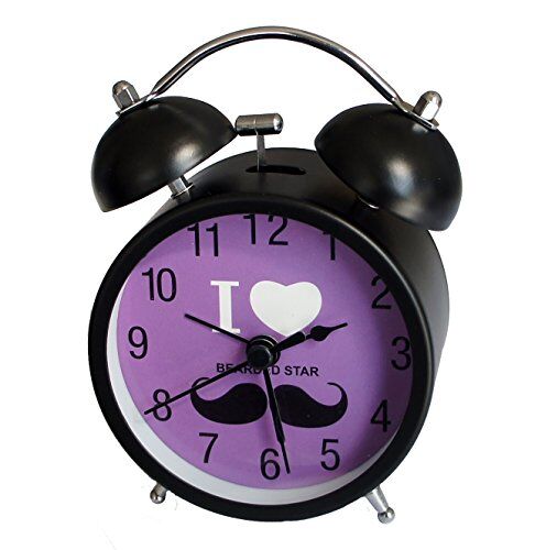 Assorted colours of I Love Mustache alarm clocks displayed.