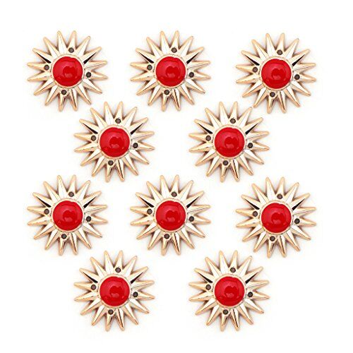 Gold and red sun shape trim with four stitching holes.