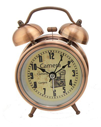 Vintage camera-style alarm clock in stylish copper finish.