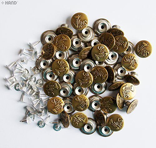 Pack of vintage gold No5 jeans buttons displayed on a white background.