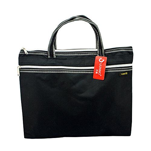 Black canvas document bag with two zippered compartments.