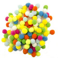 A jumbo pack of 500 multicoloured pom poms, each 15 mm in diameter.