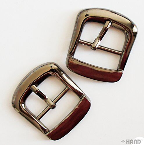 Close-up of a 2cm gunmetal tone buckle with slider bar.