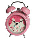Pink metal twin bell alarm clock with bunny design for kids.