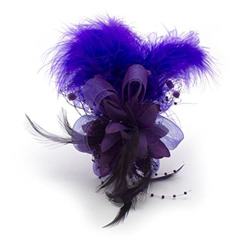 Purple feather net fascinator with fabric flower detail.