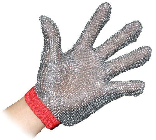 Stainless steel mesh glove displayed on a wooden surface.