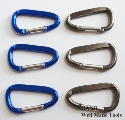 Set of 6 carabiner spring snap link hooks in assorted colours.