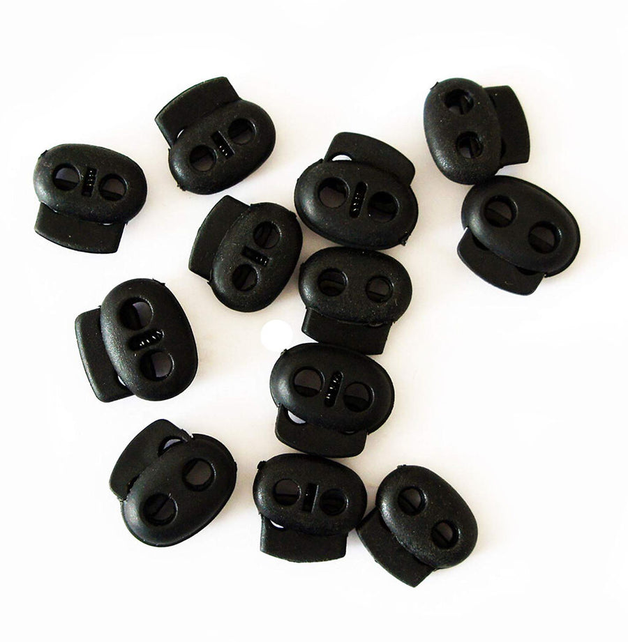 Black Plastic Toggle Spring Stop Double Hole String Cord Locks - Assorted Size (TB01 Small - pack of 12)