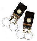 Two leather wide belt double loop hook keyring buckles on a white background.