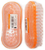 Two light weight colourful garment brushes on a white background.