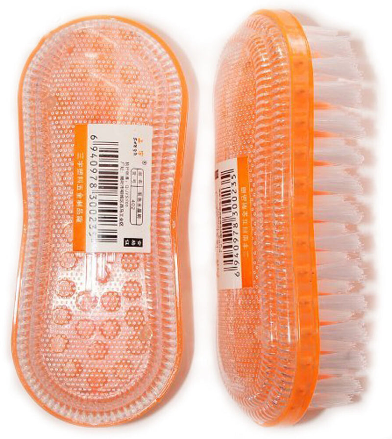 Two light weight colourful garment brushes on a white background.