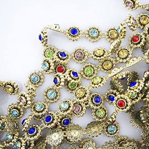 Gold tone garment trim with colourful crystals, 15 mm wide.