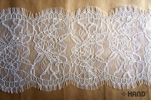 White corded lace border trim, 175mm wide, displayed on a roll.