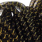 Black tubular crin with gold trim on a white background.