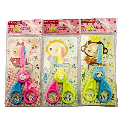 Display of the scissors in vibrant colours for kids' crafting.