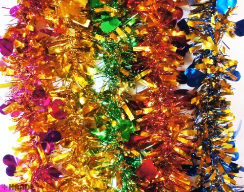 Assorted colours of heart-shaped tinsel garland