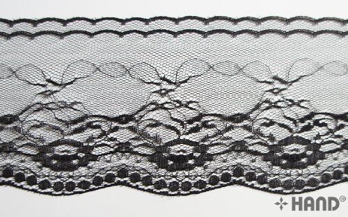 10 metres of black lace border trim rolled on a spool.