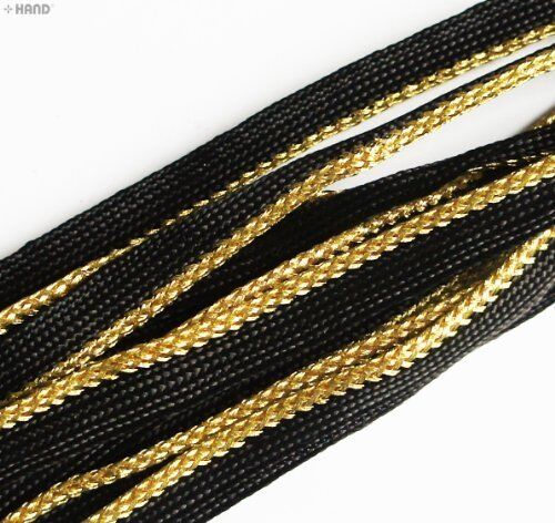 Black with gold edge sew in pipe trim on a white background