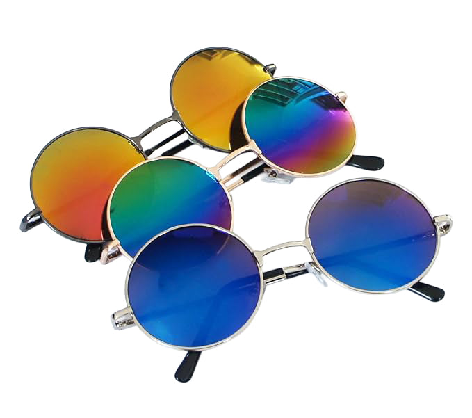 Close-up of iridescent mirror lens on retro sunglasses.