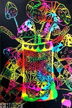 Close-up of scratch art paper showing vibrant colours
