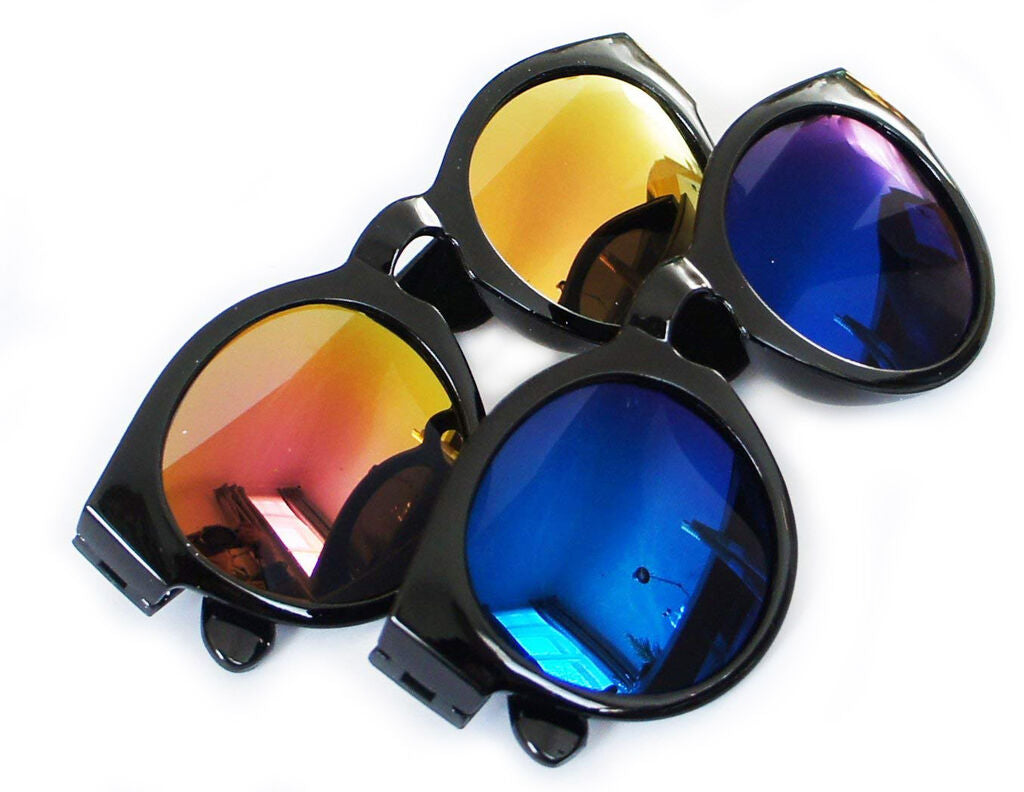 Two pairs of RPM400 retro sunglasses with iridescent mirror lenses.