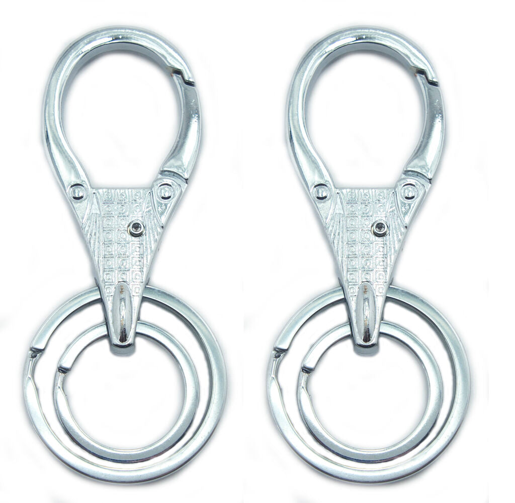 Two solid all metal double key rings displayed together.