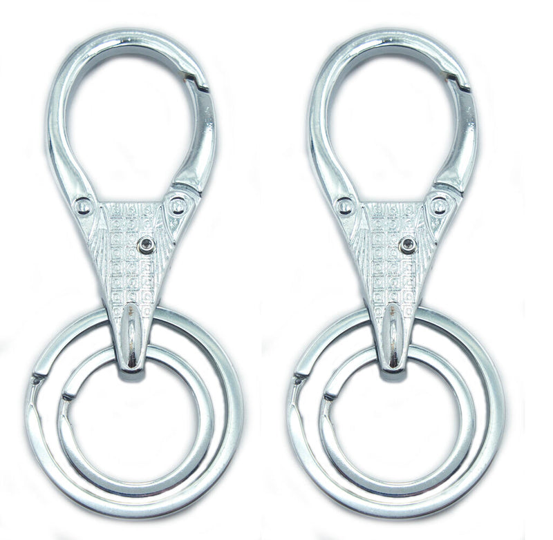 Two solid all metal double key rings displayed together.