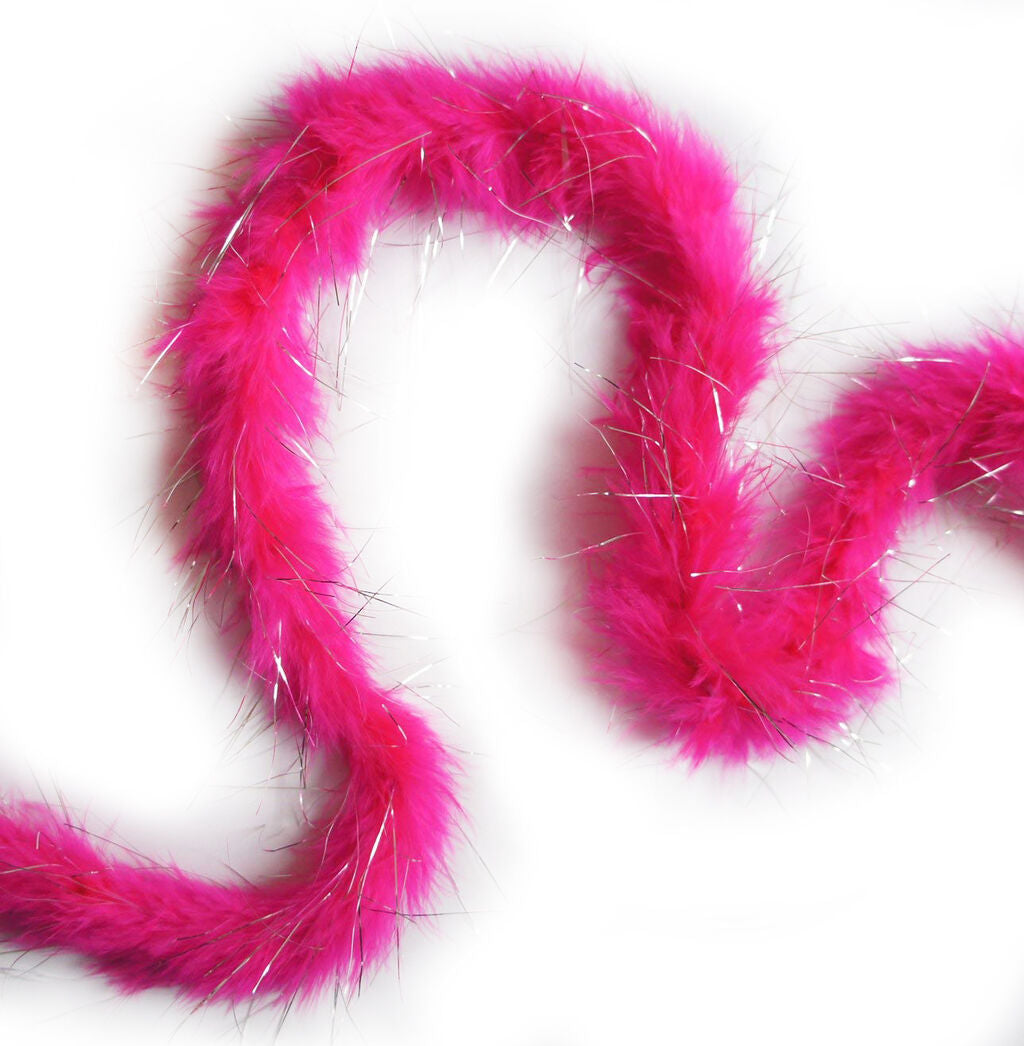 Hot pink feather garland with silver trim displayed on a white background.