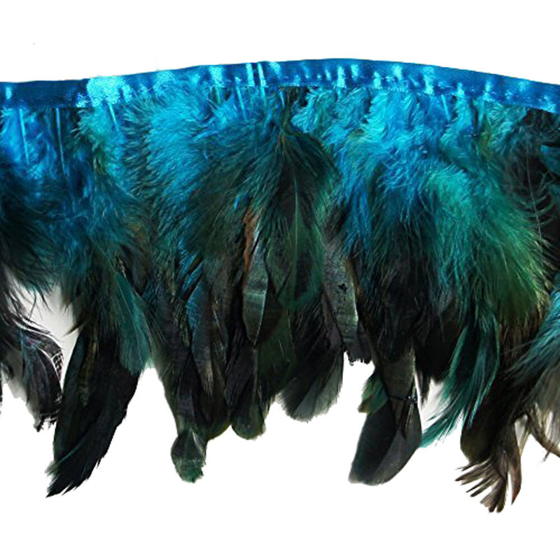Deep sea blue double layer rooster feather trim displayed on a white background.