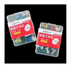 Colourful drawing board pins in assorted colours displayed in a pack.
