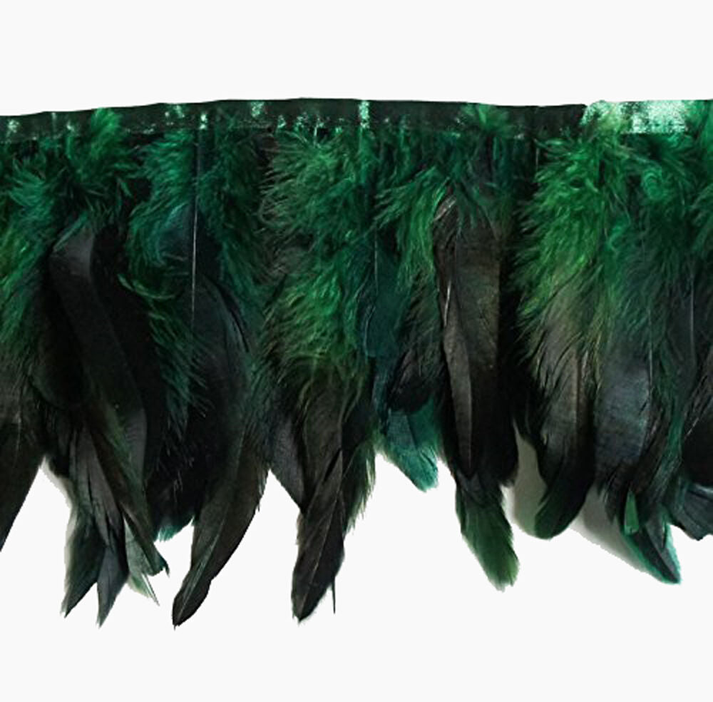 Emerald green double layer rooster feather trim displayed on a white background.