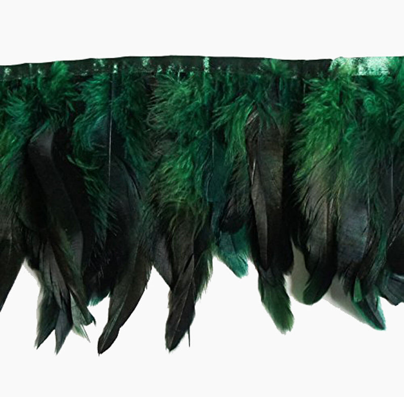 Emerald green double layer rooster feather trim displayed on a white background.