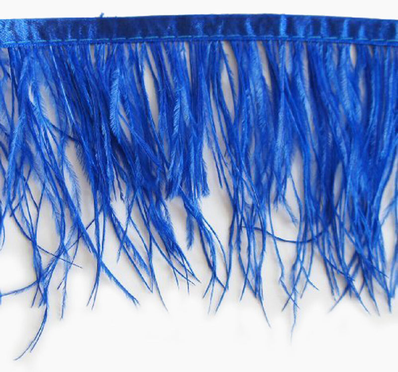 Electric blue ostrich feather fringe trim displayed on a white background.