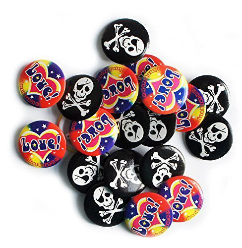 Assorted party badges featuring skull design.
