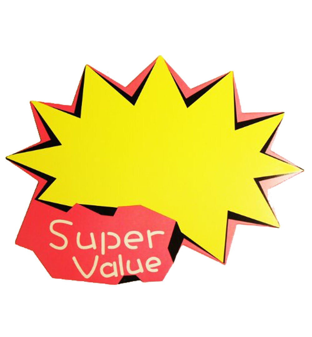 Large sales promotional card displaying prices and messages.