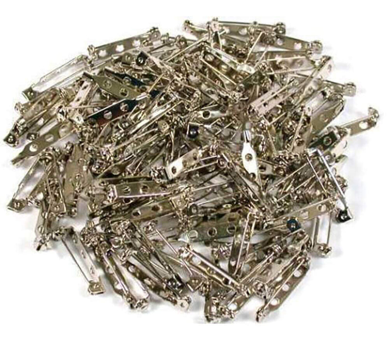 Close-up of 25mm safety lock brooch pins in a pack of 50