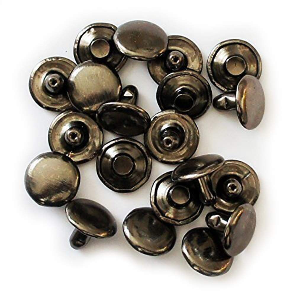 Close-up of 10mm dark copper press studs in a pack
