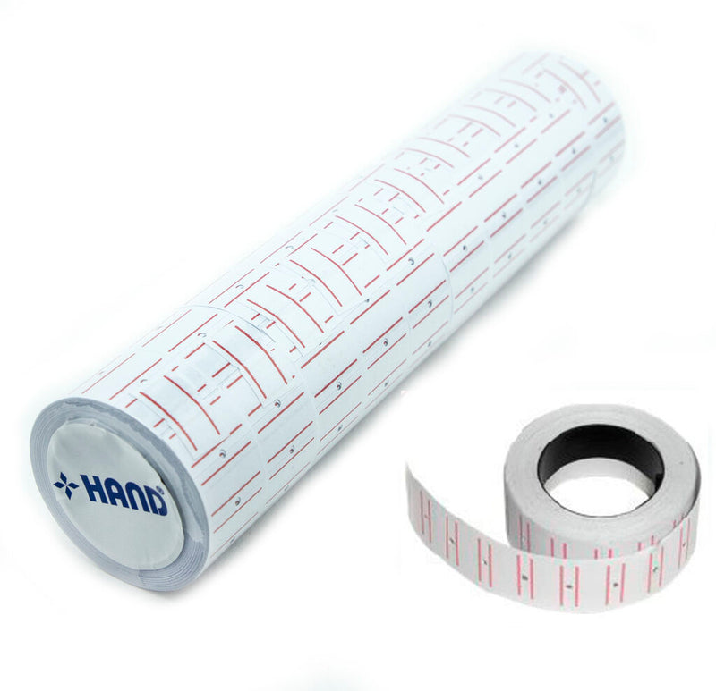 20 rolls of price gun label paper stacked for easy access.