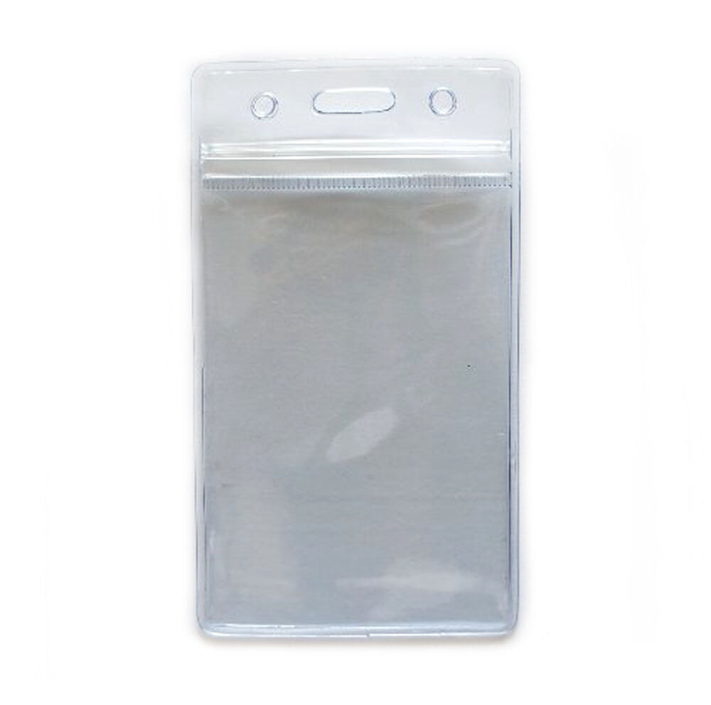 Clear vertical ID badge holder displaying a card