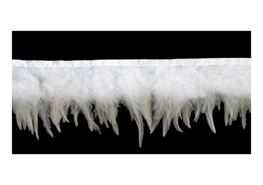 Natural white duck feather fringe trim displayed on a roll.