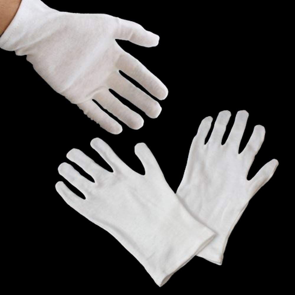 Close-up of lightweight gloves suitable for handling coins and jewellery.