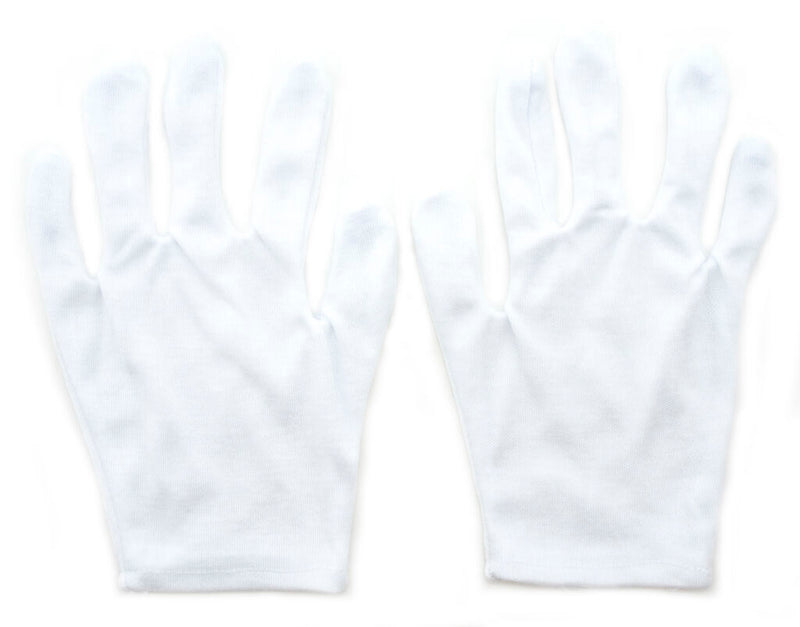 12 pairs of white terylene and cotton gloves for jewellery inspection.