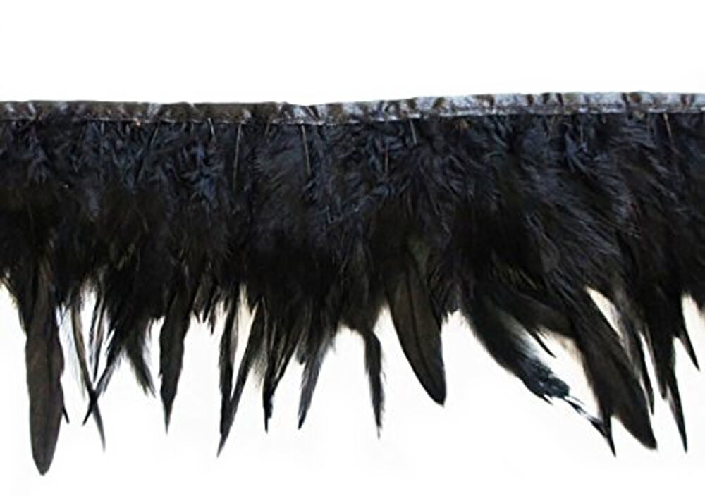 Close-up of black duck feather fringe trim on a white background.