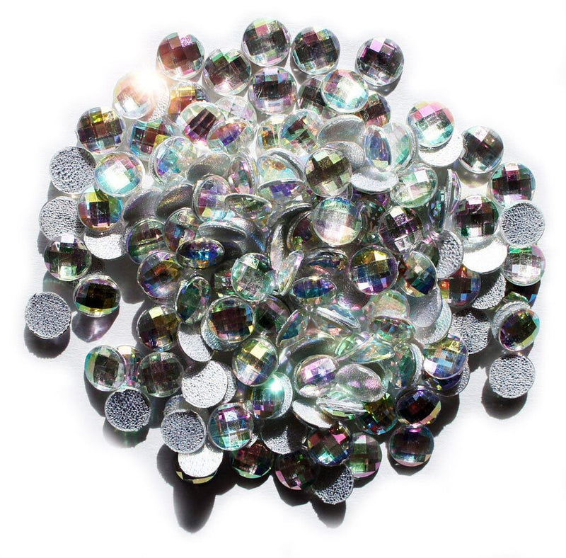 Close-up of iridescent crystal AB round hotfix diamante gems