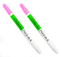 Two water soluble bright pink fabric marker pens with eraser tips.