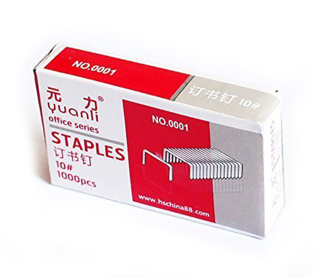 Pack of No.0001 staples showing 10 boxes stacked together.