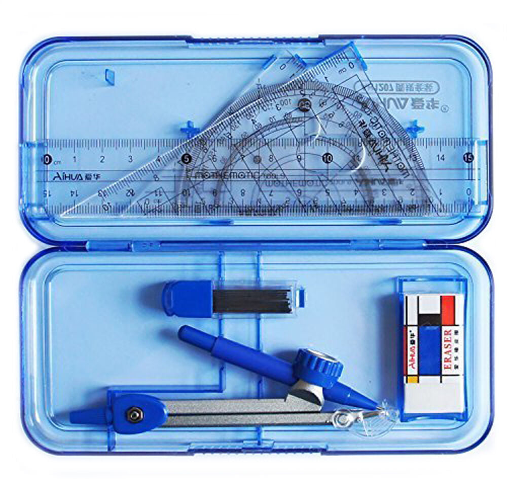 Complete 7 piece compass and geometry set displayed in case